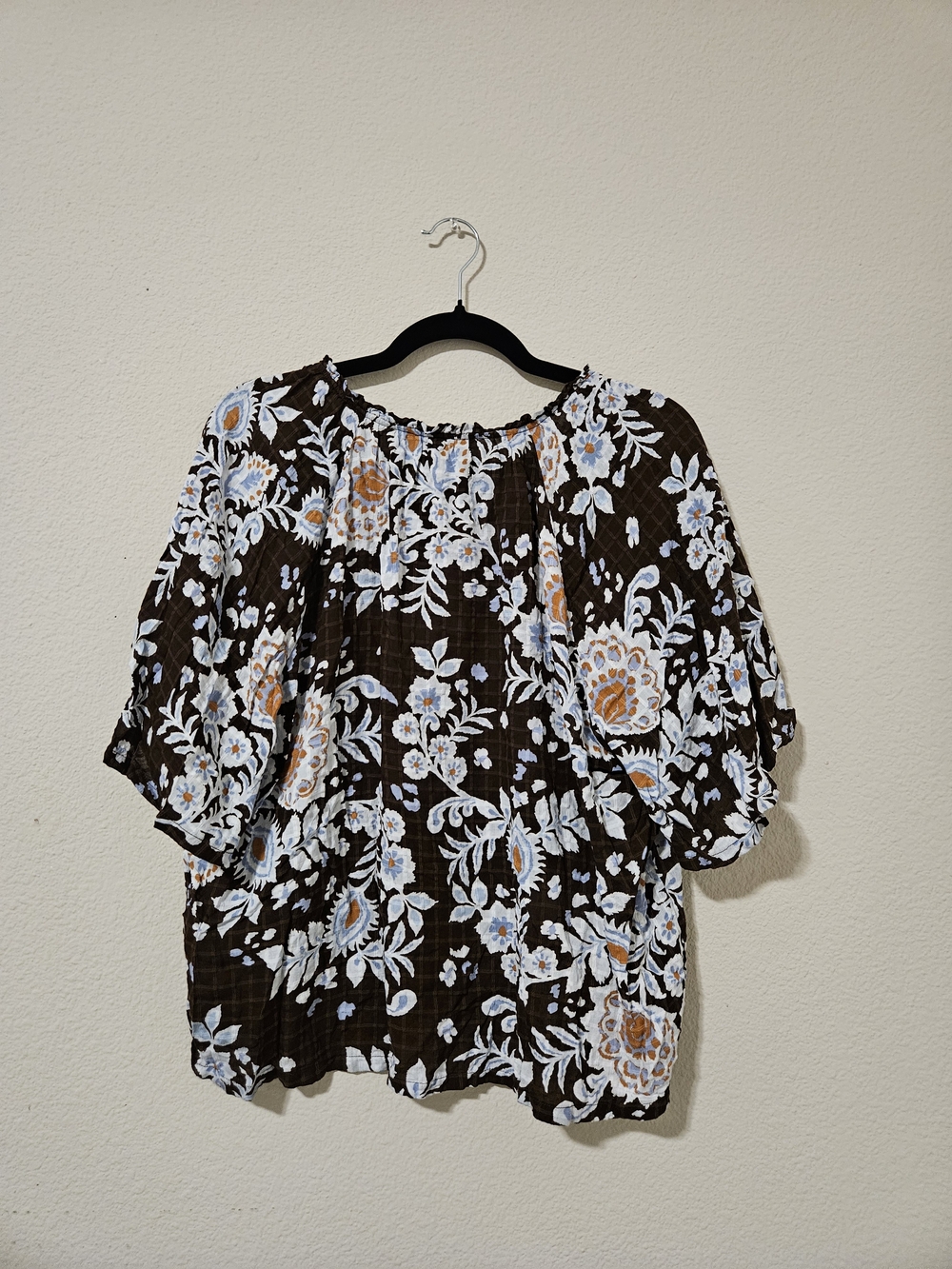 LOFT Brown Floral Peasant Top with Blue and Cream Blooms - Picture 6 of 6